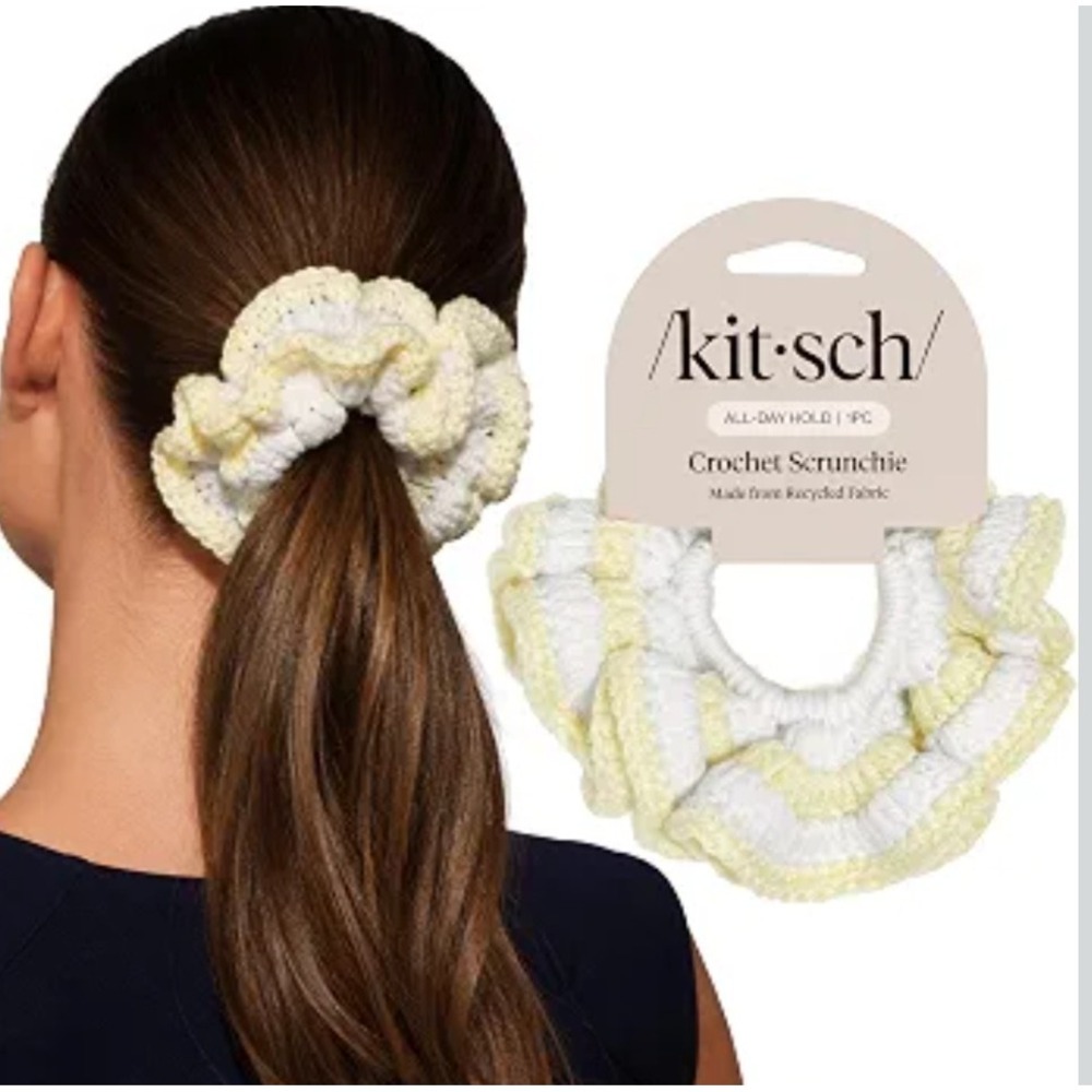 Kitsch Crochet Scrunchie Eco-Friendly Recycled Fabric yellow/White Cloud Pattern